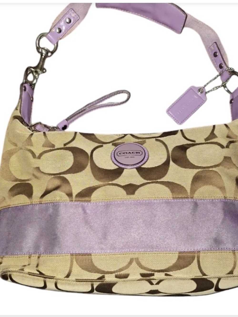 Coach Beige Signature Shoulder Bag with Lavender Trim